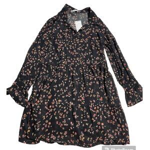 NWT MNG Shirt Dress Collared Long Sleeve Women's Size 8 Floral Black 51029063